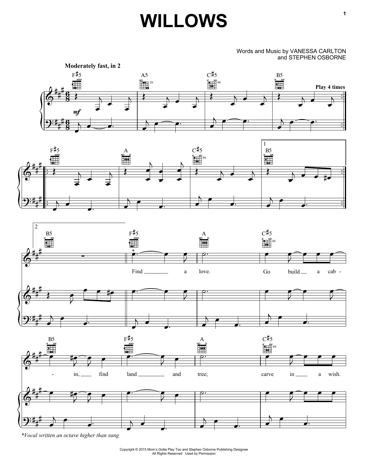 Vanessa Carlton Willows sheet music notes and chords. Download Printable PDF.