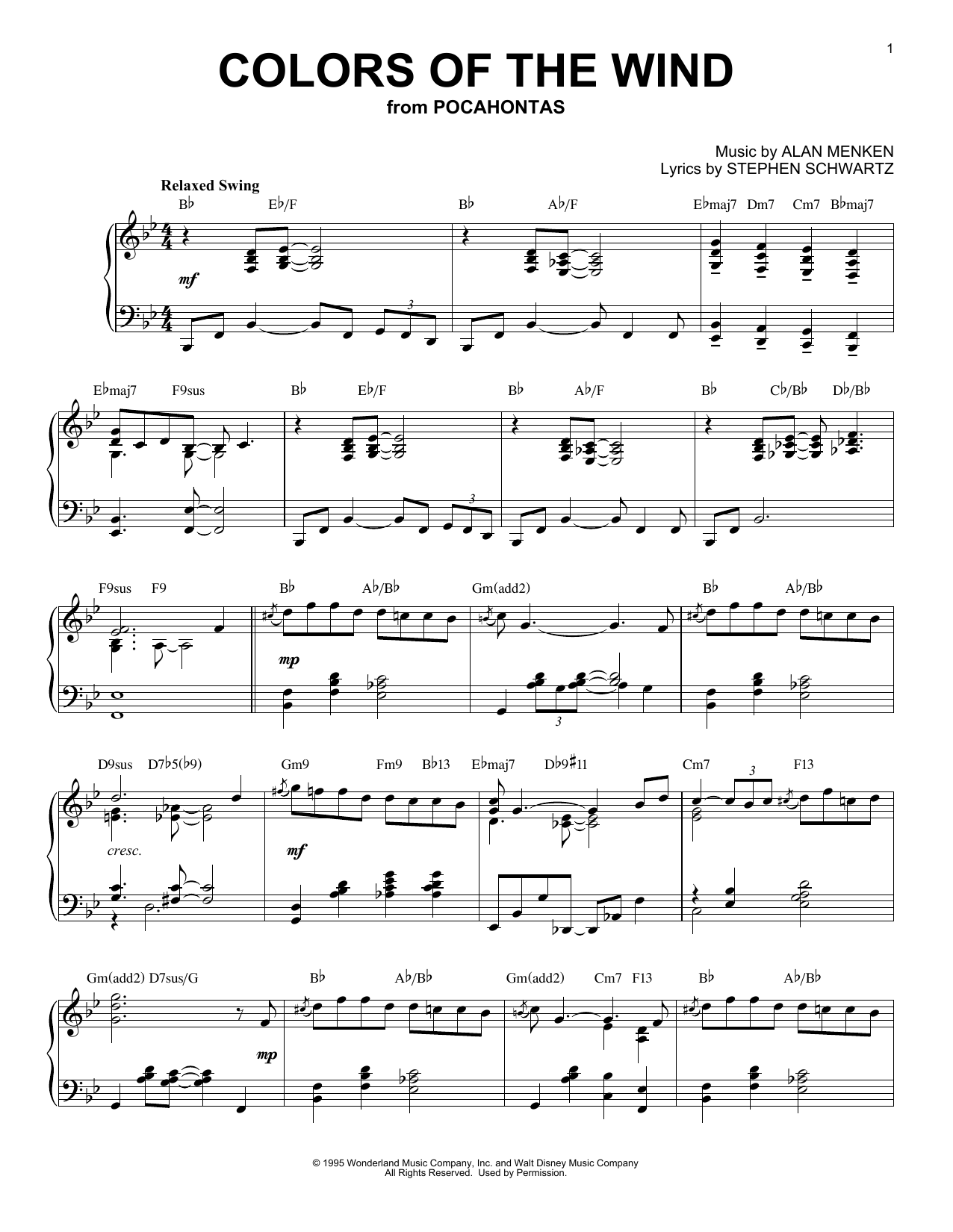 Vanessa Williams Colors Of The Wind [Jazz version] (from Disney's Pocahontas) sheet music notes and chords arranged for Piano Solo