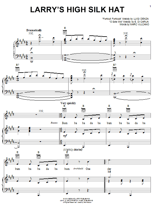 Learn to play VeggieTales Larry's High Silk Hat sheet music for Piano, Vocal & Guitar (Right-Hand Melody) in minutes. VeggieTales Larry's High Silk Hat sheet music notes and chords