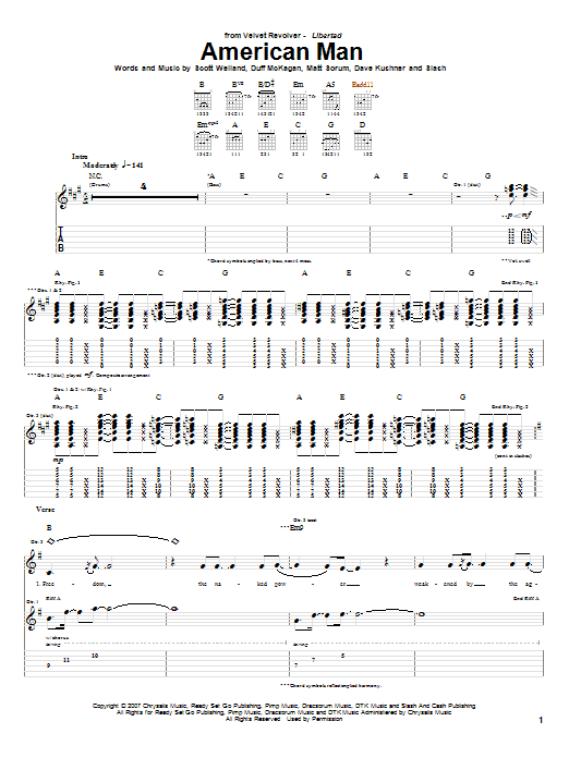 Velvet Revolver American Man sheet music notes and chords. Download Printable PDF.