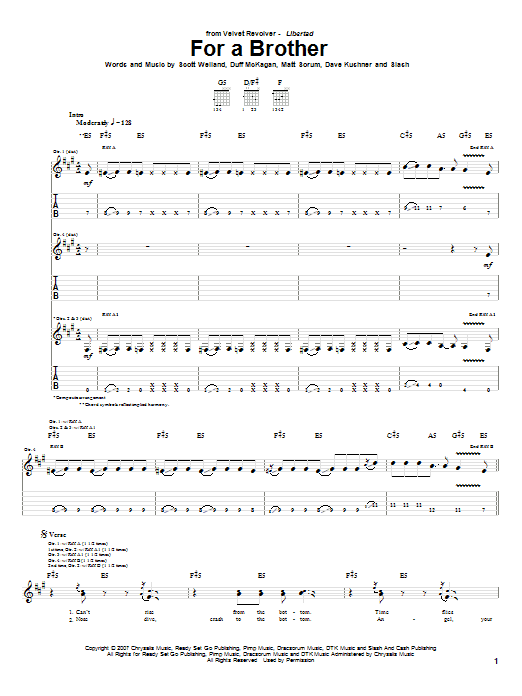 Learn to play Velvet Revolver For A Brother sheet music for Guitar Tab in minutes. Price: 7.8900$ Velvet Revolver For A Brother sheet music notes and chords arranged for Guitar Tab