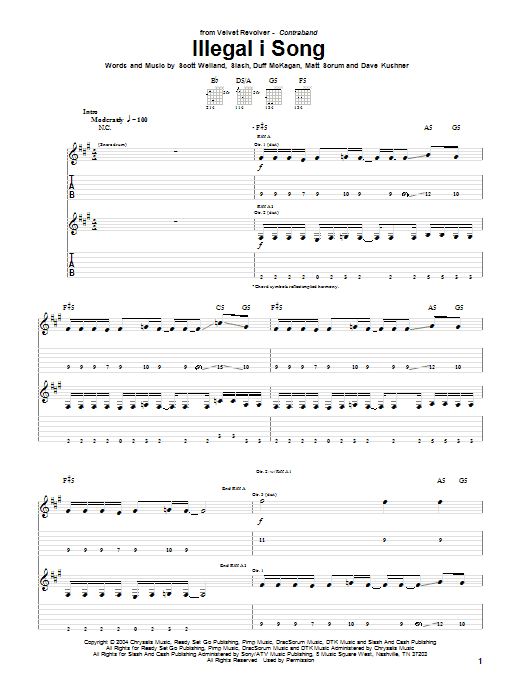 Velvet Revolver Illegal I Song sheet music notes and chords. Download Printable PDF.