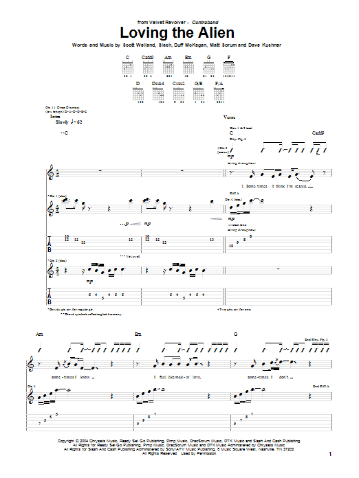 Velvet Revolver Loving The Alien sheet music notes and chords. Download Printable PDF.