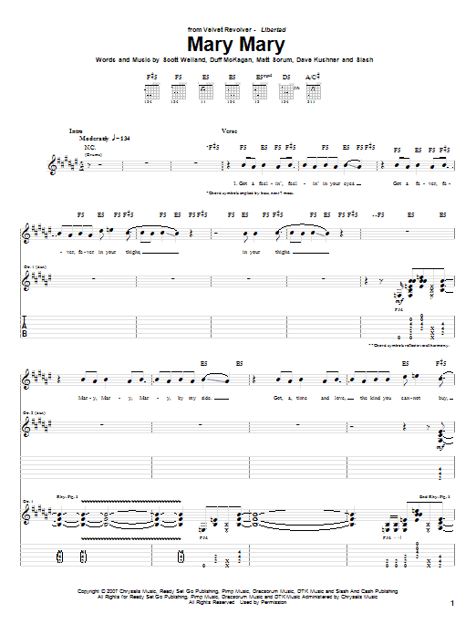 Velvet Revolver Mary Mary sheet music notes and chords. Download Printable PDF.