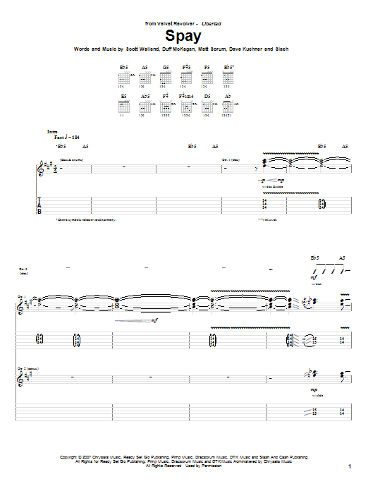 Learn to play Velvet Revolver Spay sheet music for Guitar Tab in minutes. Price: 7.8900$ Velvet Revolver Spay sheet music notes and chords arranged for Guitar Tab