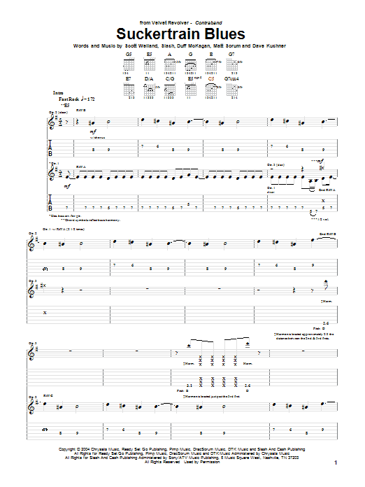 Velvet Revolver Suckertrain Blues sheet music notes and chords. Download Printable PDF.