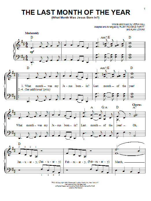 Learn to play Vera Hall The Last Month Of The Year (What Month Was Jesus Born In?) sheet music for Bells Solo in minutes. Price: 6.9900$ Vera Hall The Last Month Of The Year (What Month Was Jesus Born In?) sheet music notes and chords arranged for Bells Solo
