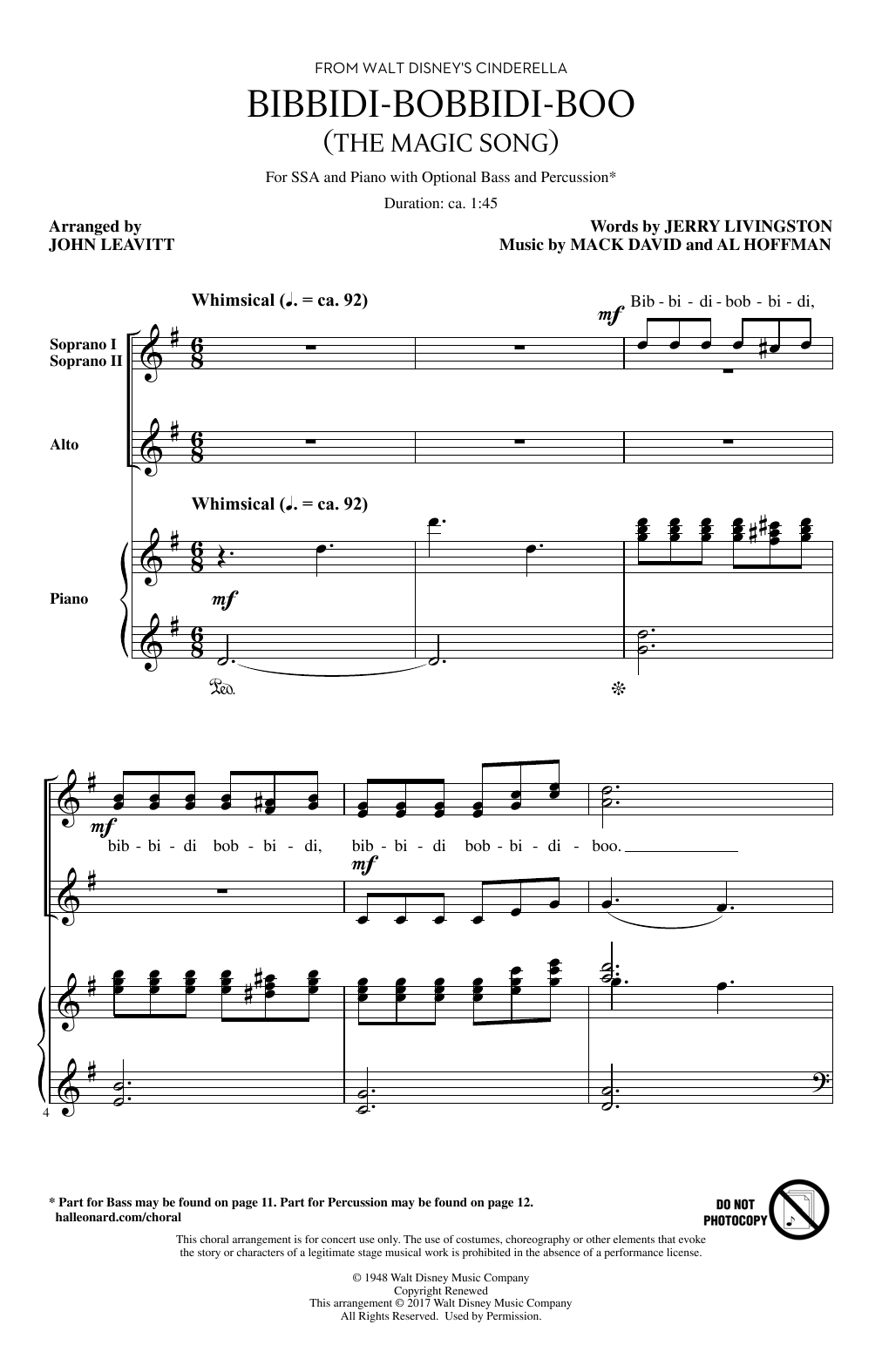 Learn to play John Leavitt Bibbidi-Bobbidi-Boo (The Magic Song) (from Disney's Cinderella) sheet music for SSA Choir in minutes. Price: 3.9900$ John Leavitt Bibbidi-Bobbidi-Boo (The Magic Song) (from Disney's Cinderella) sheet music notes and chords arranged for SSA Choir