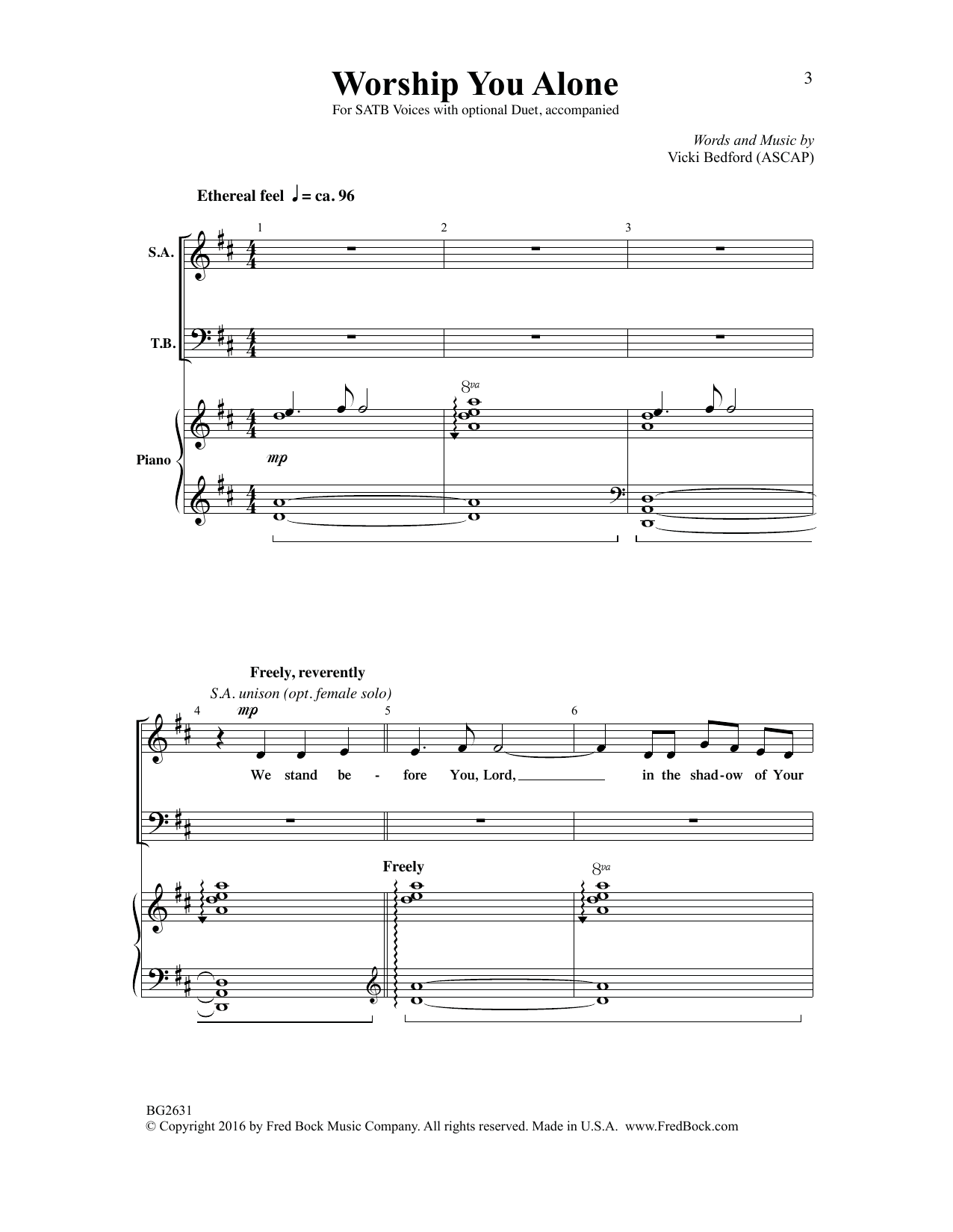 Learn to play Vicki Bedford Worship You Alone sheet music for SATB Choir in minutes. Price: 3.9900$ Vicki Bedford Worship You Alone sheet music notes and chords arranged for SATB Choir