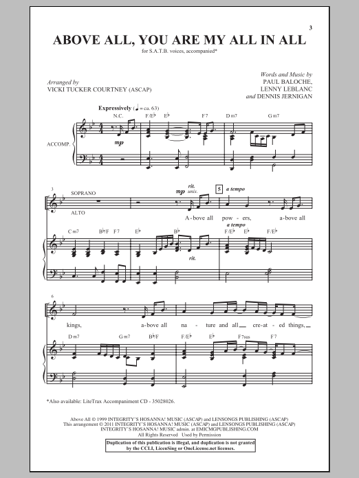 Learn to play Vicki Tucker Courtney Above All sheet music for SATB Choir in minutes. Price: 3.9900$ Vicki Tucker Courtney Above All sheet music notes and chords arranged for SATB Choir
