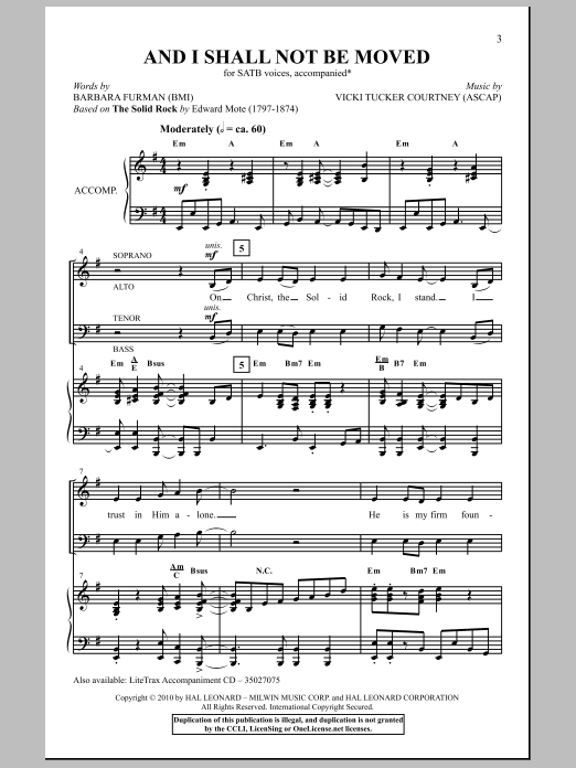 Learn to play Vicki Tucker Courtney And I Shall Not Be Moved sheet music for SATB Choir in minutes. Price: 3.9900$ Vicki Tucker Courtney And I Shall Not Be Moved sheet music notes and chords arranged for SATB Choir
