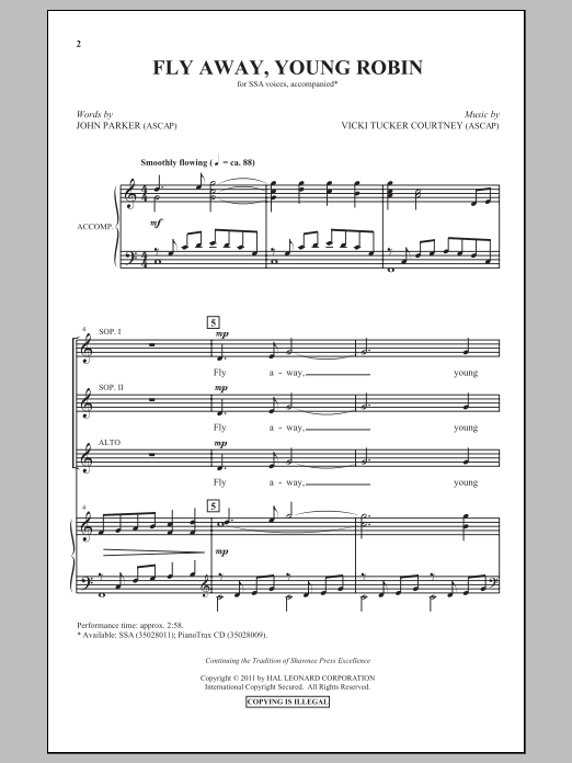 Learn to play Vicki Tucker Courtney Fly Away, Young Robin sheet music for SSA Choir in minutes. Price: 3.9900$ Vicki Tucker Courtney Fly Away, Young Robin sheet music notes and chords arranged for SSA Choir