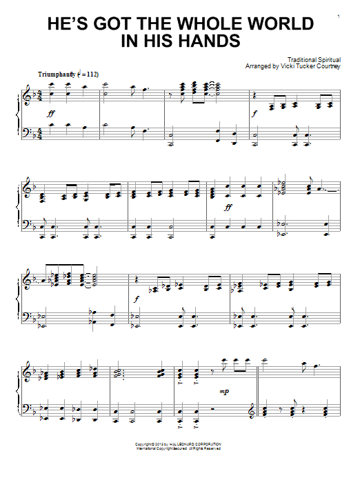 Learn to play Vicki Tucker Courtney He's Got The Whole World In His Hands sheet music for Piano Solo in minutes. Vicki Tucker Courtney He's Got The Whole World In His Hands sheet music notes and chords. Download Printable PDF.