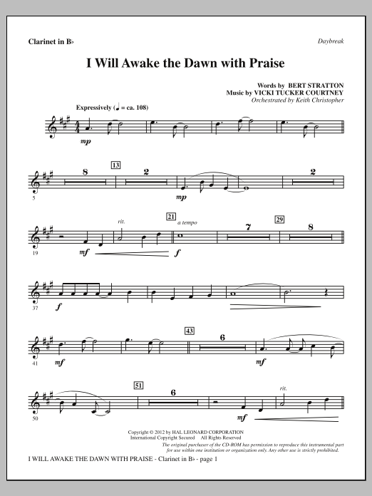 Learn to play Vicki Tucker Courtney I Will Awake The Dawn With Praise - Bb Clarinet sheet music for Choir Instrumental Pak in minutes. Price: 8.9900$ Vicki Tucker Courtney I Will Awake The Dawn With Praise - Bb Clarinet sheet music notes and chords arranged for Choir Instrumental Pak