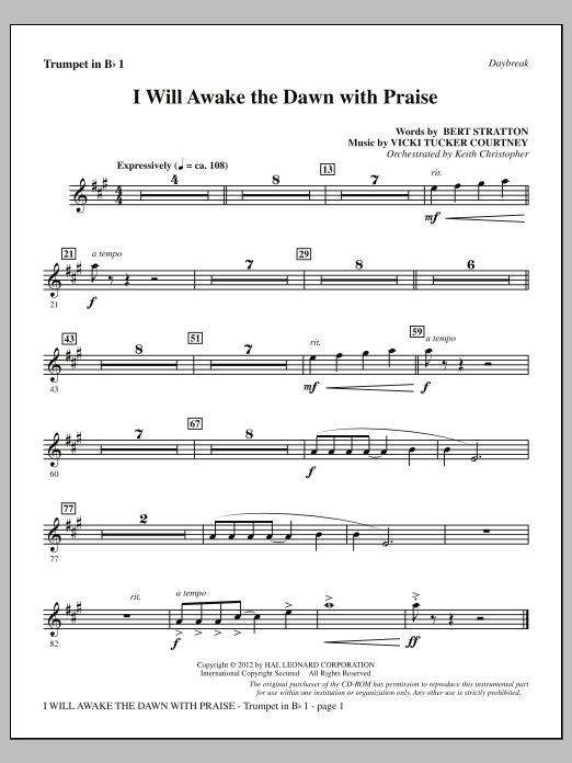 Learn to play Vicki Tucker Courtney I Will Awake The Dawn With Praise - Bb Trumpet 1 sheet music for Choir Instrumental Pak in minutes. Price: 8.9900$ Vicki Tucker Courtney I Will Awake The Dawn With Praise - Bb Trumpet 1 sheet music notes and chords arranged for Choir Instrumental Pak