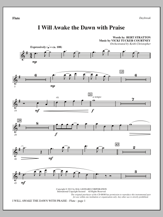 Learn to play Vicki Tucker Courtney I Will Awake The Dawn With Praise - Flute sheet music for Choir Instrumental Pak in minutes. Price: 8.9900$ Vicki Tucker Courtney I Will Awake The Dawn With Praise - Flute sheet music notes and chords arranged for Choir Instrumental Pak
