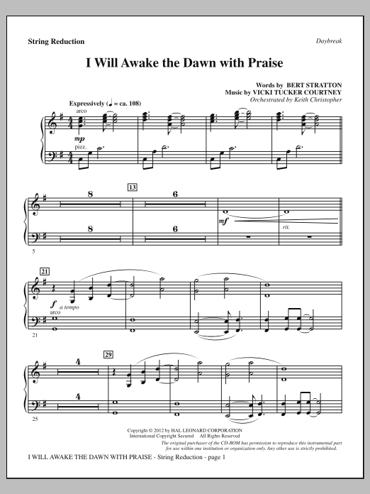Learn to play Vicki Tucker Courtney I Will Awake The Dawn With Praise - Keyboard String Reduction sheet music for Choir Instrumental Pak in minutes. Price: 8.9900$ Vicki Tucker Courtney I Will Awake The Dawn With Praise - Keyboard String Reduction sheet music notes and chords arranged for Choir Instrumental Pak