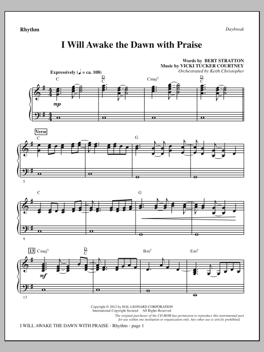 Learn to play Vicki Tucker Courtney I Will Awake The Dawn With Praise - Rhythm sheet music for Choir Instrumental Pak in minutes. Price: 8.9900$ Vicki Tucker Courtney I Will Awake The Dawn With Praise - Rhythm sheet music notes and chords arranged for Choir Instrumental Pak