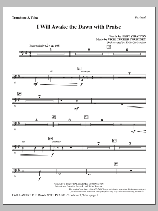 Learn to play Vicki Tucker Courtney I Will Awake The Dawn With Praise - Trombone 3/Tuba sheet music for Choir Instrumental Pak in minutes. Price: 8.9900$ Vicki Tucker Courtney I Will Awake The Dawn With Praise - Trombone 3/Tuba sheet music notes and chords arranged for Choir Instrumental Pak