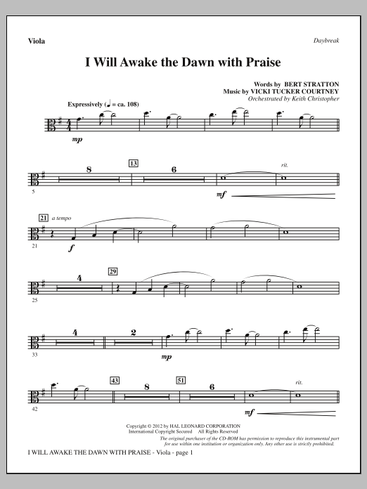 Learn to play Vicki Tucker Courtney I Will Awake The Dawn With Praise - Viola sheet music for Choir Instrumental Pak in minutes. Price: 8.9900$ Vicki Tucker Courtney I Will Awake The Dawn With Praise - Viola sheet music notes and chords arranged for Choir Instrumental Pak