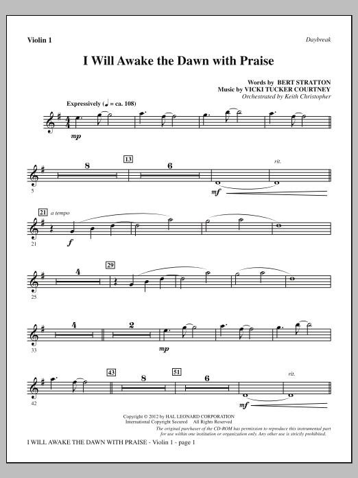 Learn to play Vicki Tucker Courtney I Will Awake The Dawn With Praise - Violin 1 sheet music for Choir Instrumental Pak in minutes. Price: 8.9900$ Vicki Tucker Courtney I Will Awake The Dawn With Praise - Violin 1 sheet music notes and chords arranged for Choir Instrumental Pak