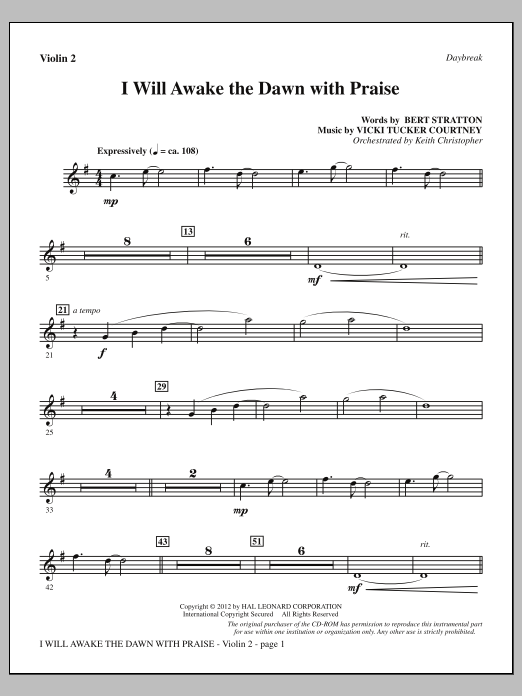 Learn to play Vicki Tucker Courtney I Will Awake The Dawn With Praise - Violin 2 sheet music for Choir Instrumental Pak in minutes. Price: 8.9900$ Vicki Tucker Courtney I Will Awake The Dawn With Praise - Violin 2 sheet music notes and chords arranged for Choir Instrumental Pak