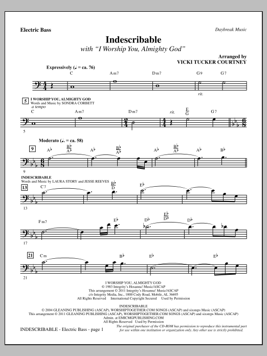 Learn to play Vicki Tucker Courtney Indescribable - Bass sheet music for Choir Instrumental Pak in minutes. Price: 8.9900$ Vicki Tucker Courtney Indescribable - Bass sheet music notes and chords arranged for Choir Instrumental Pak