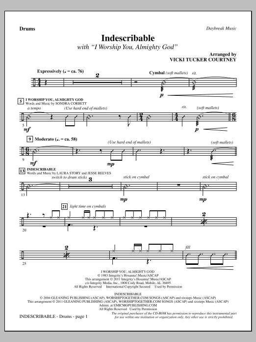 Learn to play Vicki Tucker Courtney Indescribable - Drums sheet music for Choir Instrumental Pak in minutes. Price: 8.9900$ Vicki Tucker Courtney Indescribable - Drums sheet music notes and chords arranged for Choir Instrumental Pak