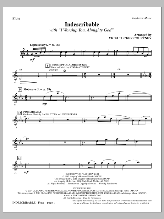 Learn to play Vicki Tucker Courtney Indescribable - Flute sheet music for Choir Instrumental Pak in minutes. Price: 8.9900$ Vicki Tucker Courtney Indescribable - Flute sheet music notes and chords arranged for Choir Instrumental Pak
