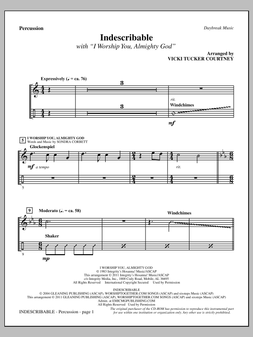 Learn to play Vicki Tucker Courtney Indescribable - Percussion sheet music for Choir Instrumental Pak in minutes. Price: 8.9900$ Vicki Tucker Courtney Indescribable - Percussion sheet music notes and chords arranged for Choir Instrumental Pak