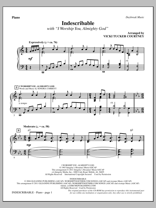 Learn to play Vicki Tucker Courtney Indescribable - Piano sheet music for Choir Instrumental Pak in minutes. Price: 8.9900$ Vicki Tucker Courtney Indescribable - Piano sheet music notes and chords arranged for Choir Instrumental Pak