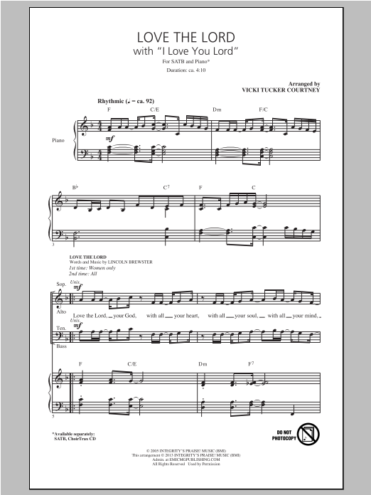 Learn to play Vicki Tucker Courtney Love The Lord (with I Love You Lord) sheet music for SATB Choir in minutes. Price: 3.9900$ Vicki Tucker Courtney Love The Lord (with I Love You Lord) sheet music notes and chords arranged for SATB Choir
