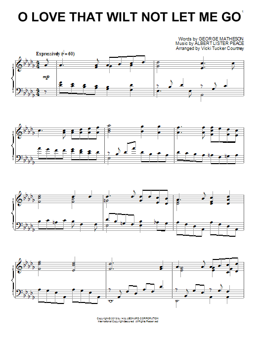 Learn to play Vicki Tucker Courtney O Love That Wilt Not Let Me Go sheet music for Piano Solo in minutes. Vicki Tucker Courtney O Love That Wilt Not Let Me Go sheet music notes and chords