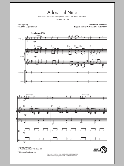 Traditional Adorar Al Nino (Come Adore The Baby) (arr. Victor Johnson) sheet music notes and chords. Download Printable PDF.