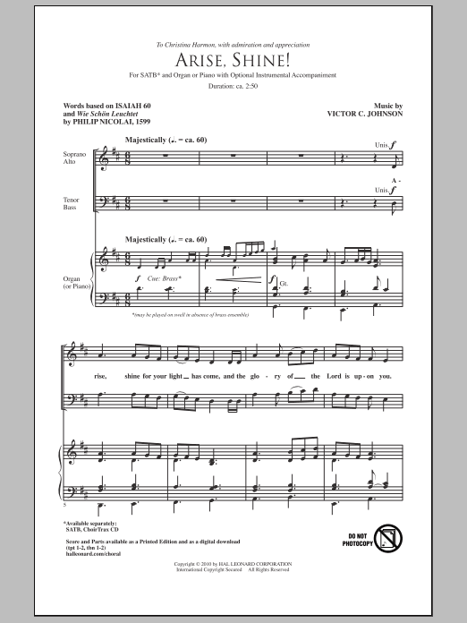 Learn to play Victor C. Johnson Arise, Shine! sheet music for SATB Choir in minutes. Price: 3.9900$ Victor C. Johnson Arise, Shine! sheet music notes and chords arranged for SATB Choir