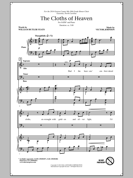 Victor C Johnson The Cloths Of Heaven Sheet Music Pdf Notes