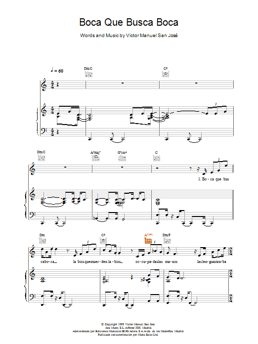 Learn to play Victor Manuel San José Boca Que Busca Boca sheet music for Piano, Vocal & Guitar in minutes. Price: 7.8900$ Victor Manuel San José Boca Que Busca Boca sheet music notes and chords. Download Printable PDF.
