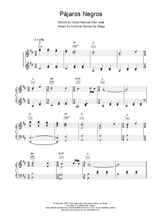Learn to play Victor Manuel San José Pájaros Negros sheet music for Piano, Vocal & Guitar in minutes. Victor Manuel San José Pájaros Negros sheet music notes and chords. Download Printable PDF.