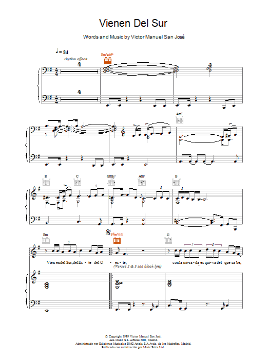 Learn to play Victor Manuel San José Vienen Del Sur sheet music for Piano, Vocal & Guitar in minutes. Victor Manuel San José Vienen Del Sur sheet music notes and chords. Download Printable PDF.