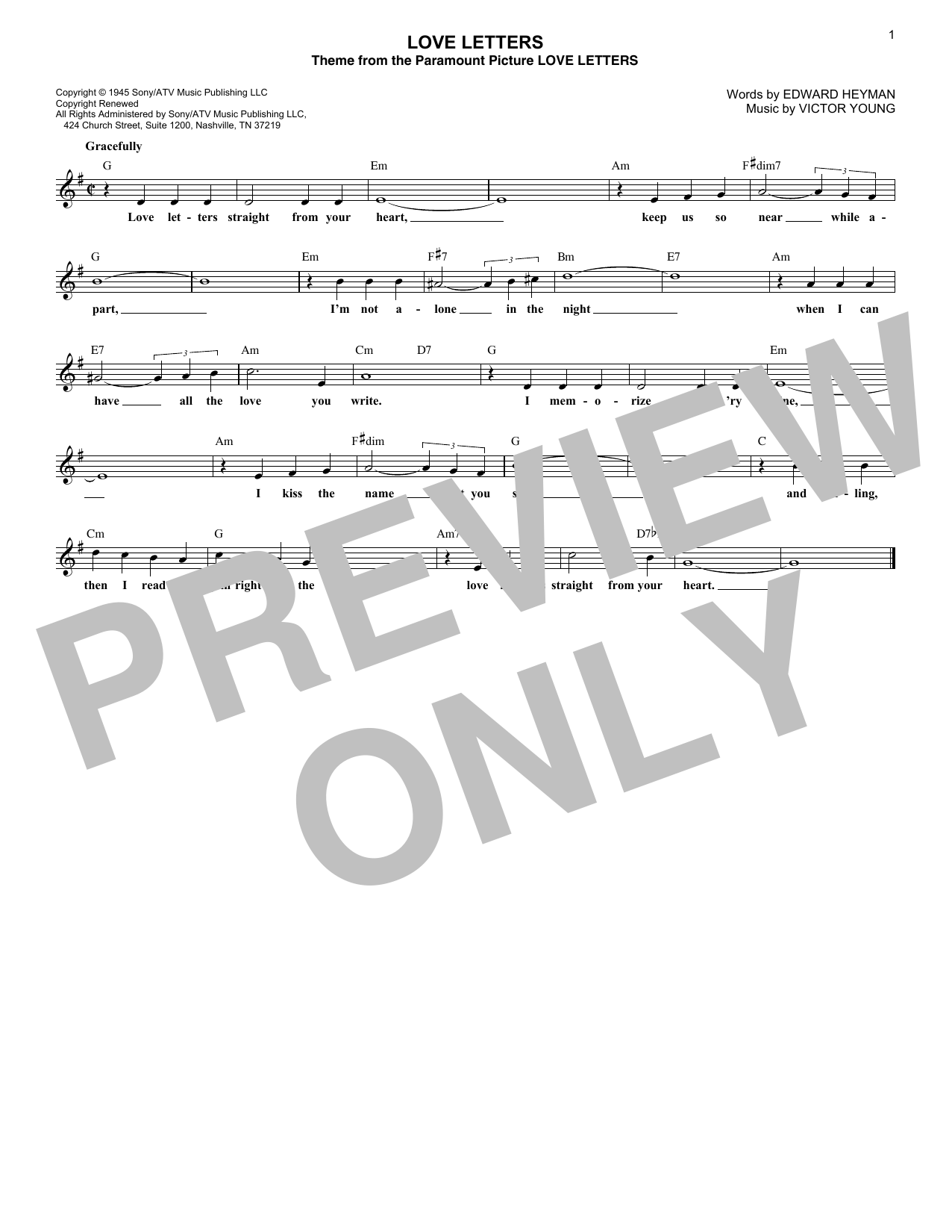 Victor Young Love Letters sheet music notes and chords. Download Printable PDF.