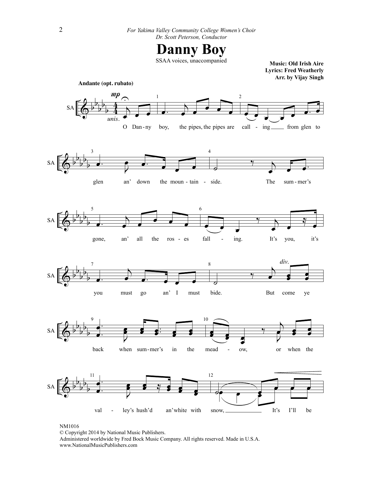 Vijay Singh Danny Boy sheet music notes and chords arranged for SSAA Choir