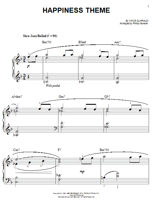 Vince Guaraldi Happiness Theme sheet music notes and chords. Download Printable PDF.