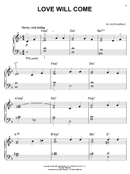 Learn to play Vince Guaraldi Love Will Come sheet music for Easy Piano in minutes. Price: 6.9900$ Vince Guaraldi Love Will Come sheet music notes and chords arranged for Easy Piano