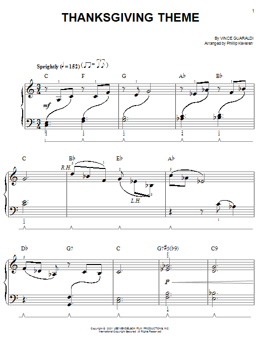 Vince Guaraldi Thanksgiving Theme (arr. Phillip Keveren) sheet music notes and chords. Download Printable PDF.