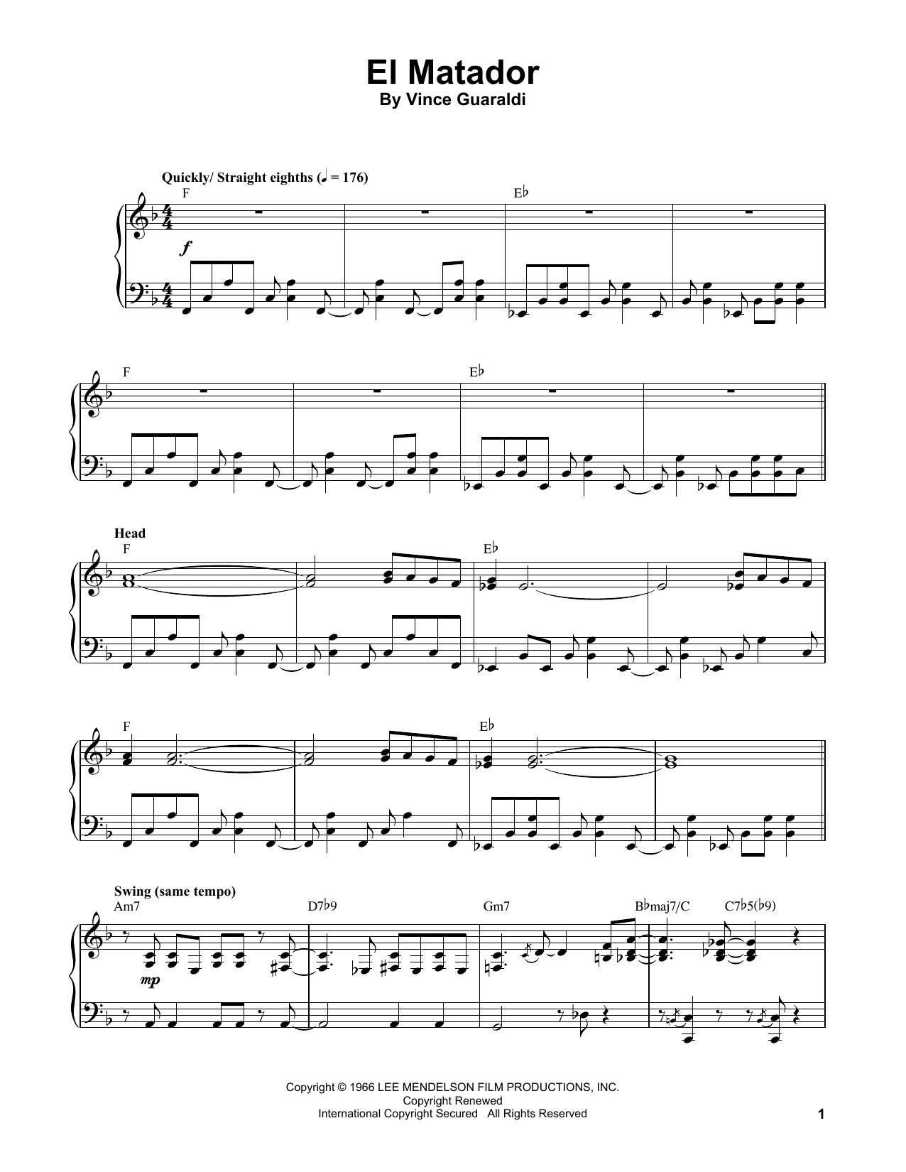 Vince Guaraldi El Matador sheet music notes and chords. Download Printable PDF.