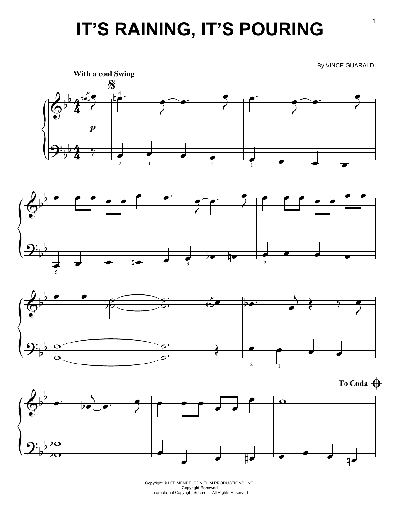 Learn to play Vince Guaraldi It's Raining, It's Pouring sheet music for Easy Piano in minutes. Price: 6.9900$ Vince Guaraldi It's Raining, It's Pouring sheet music notes and chords arranged for Easy Piano