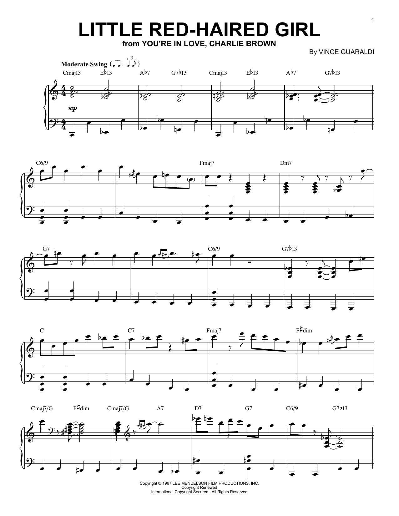 Vince Guaraldi Little Red-Haired Girl sheet music notes and chords. Download Printable PDF.