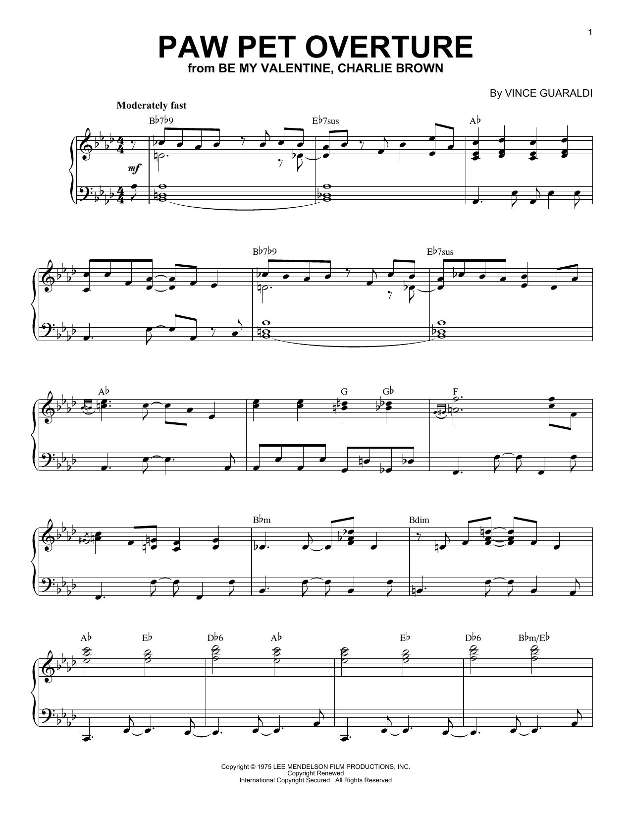 Vince Guaraldi Paw Pet Overture sheet music notes and chords. Download Printable PDF.