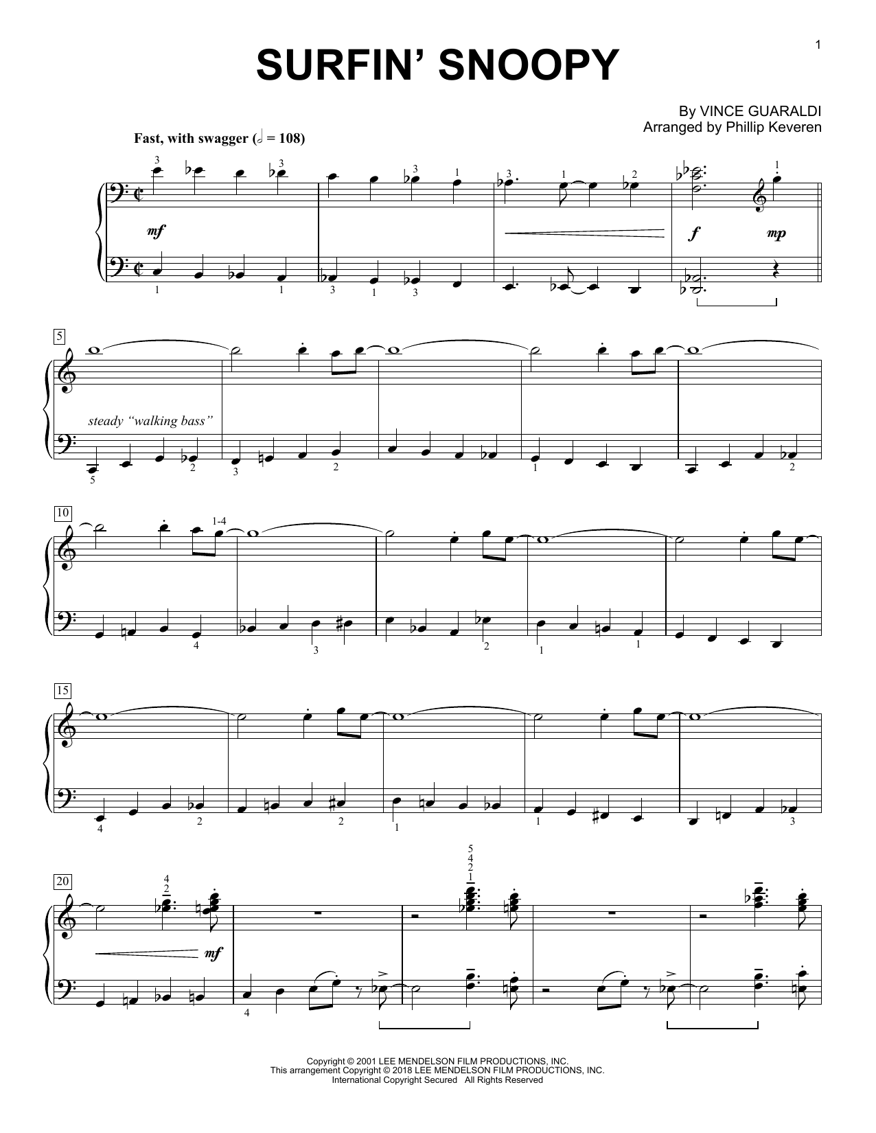 Learn to play Vince Guaraldi Surfin' Snoopy (arr. Phillip Keveren) sheet music for Piano Solo in minutes. Vince Guaraldi Surfin' Snoopy (arr. Phillip Keveren) sheet music notes and chords. Download Printable PDF.