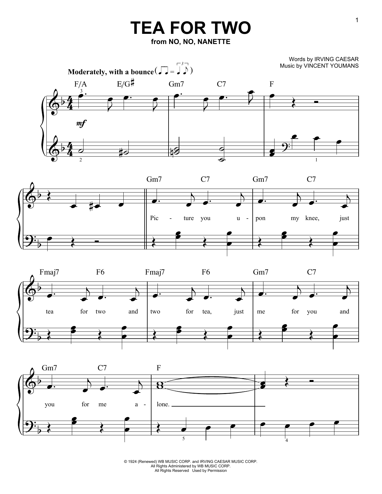 Vincent Youmans Tea For Two sheet music notes and chords arranged for Easy Piano